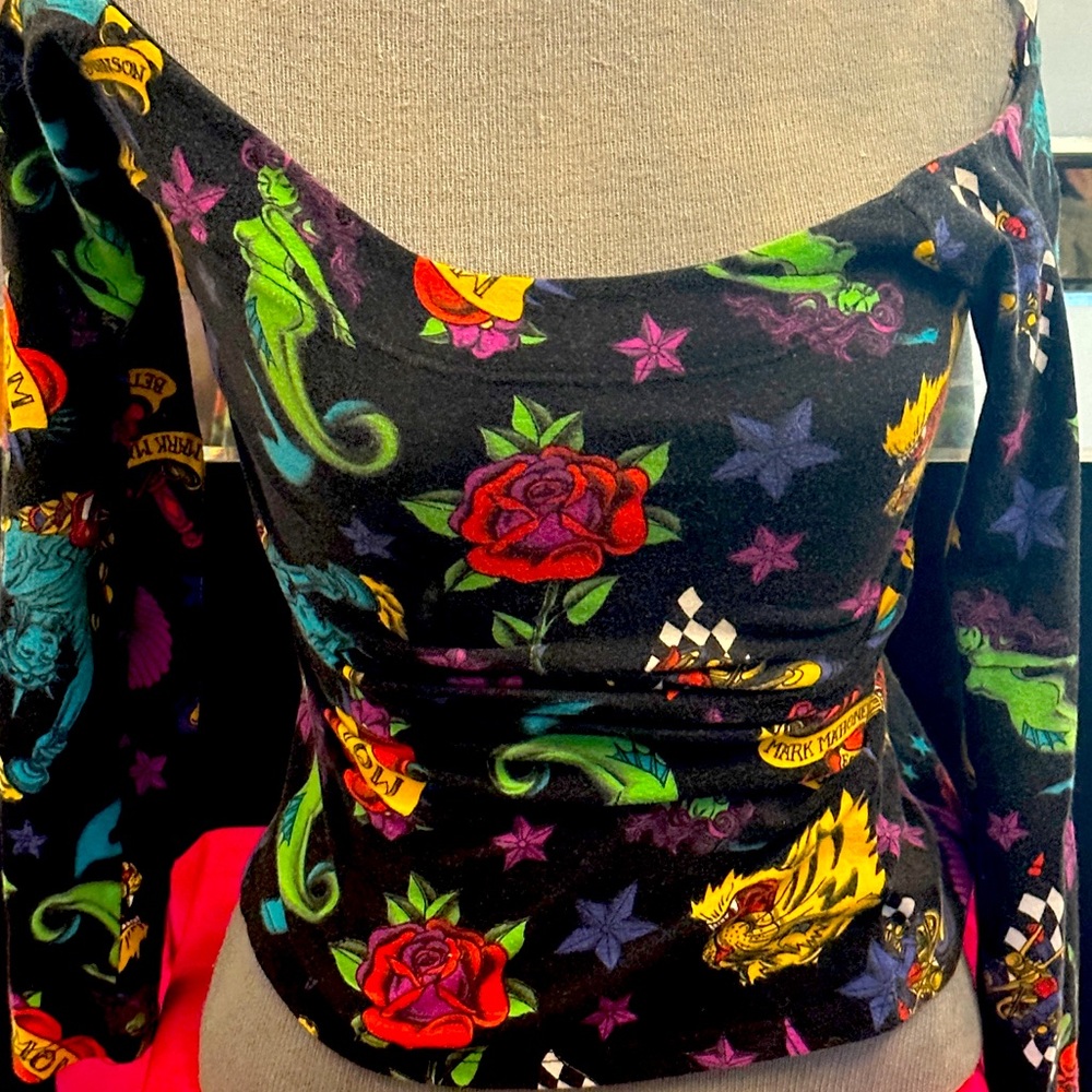 Rare Vintage Betsy Johnson Off the Shoulder Mark Mahoney Tattoo Shirt.